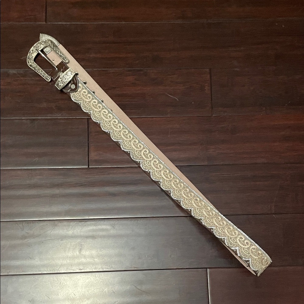 Western Rhinestone Lace Belt Genuine Leather Brown XL